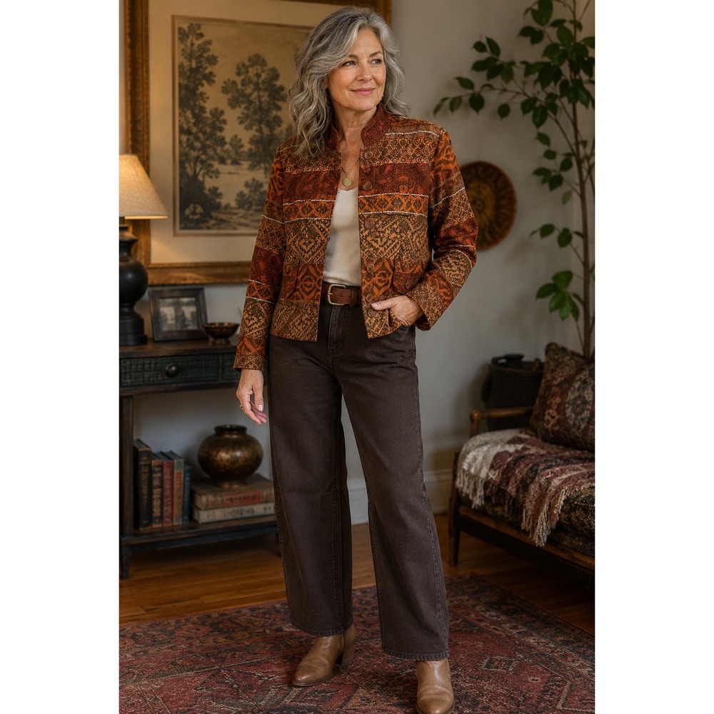 Scott Taylor Petite PL Tapestry Jacket Boho Art to Wear Rust Brown Jacquard